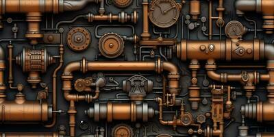 AI Generated. AI Generative. Steam punk pipes valve connection pattern decoration wallpapper design. Graphic Art photo