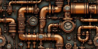 AI Generated. AI Generative. Steam punk pipes valve connection pattern decoration wallpapper design. Graphic Art photo