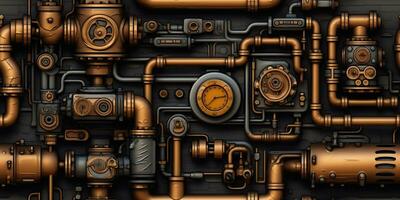 AI Generated. AI Generative. Steam punk pipes valve connection pattern decoration wallpapper design. Graphic Art photo