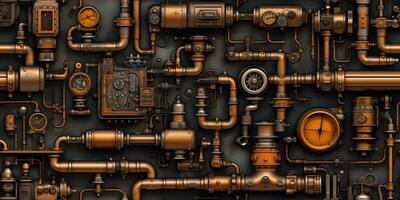 AI Generated. AI Generative. Steam punk pipes valve connection pattern decoration wallpapper design. Graphic Art photo