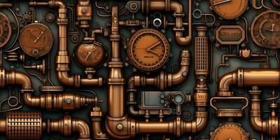 AI Generated. AI Generative. Steam punk pipes valve connection pattern decoration wallpapper design. Graphic Art photo