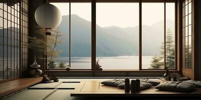 AI Generated. AI Generative. Classic vintage traditional asian chinese japanese interior minimalistic style with big window view on nature outdoor landscape. Forest and mountains. Graphic Art photo