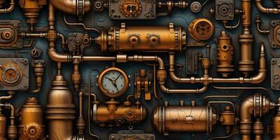 AI Generated. AI Generative. Steam punk pipes valve connection pattern decoration wallpapper design. Graphic Art photo