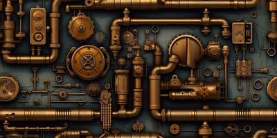 AI Generated. AI Generative. Steam punk pipes valve connection pattern decoration wallpapper design. Graphic Art photo