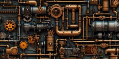 AI Generated. AI Generative. Steam punk pipes valve connection pattern decoration wallpapper design. Graphic Art photo