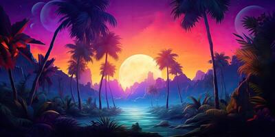 AI Generated. AI Generative. Retro vintage 80s 90s electronic cyberpunk retrowave synthwave vaporwave landscape nature. Tropical beach palms landscape. Graphic Art photo