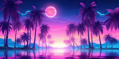 AI Generated. AI Generative. Retro vintage 80s 90s electronic cyberpunk retrowave synthwave vaporwave landscape nature. Tropical beach palms landscape. Graphic Art photo