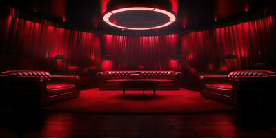 AI Generated. AI Generative. Red indoor interior night club vip luxury design decoration. Part drink bar restaurant night club night lifestyle.Graphic Art photo