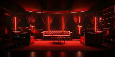 AI Generated. AI Generative. Red indoor interior night club vip luxury design decoration. Part drink bar restaurant night club night lifestyle.Graphic Art photo