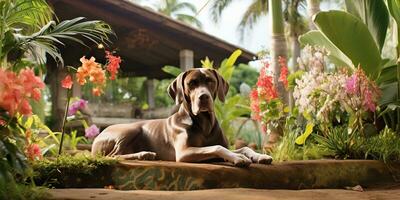 ai generado. ai generativo. alemán corto pelo puntero perro cazador a tropical flores plantas jardín antecedentes. naturaleza al aire libre salvaje paisaje. gráfico Arte foto