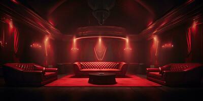 AI Generated. AI Generative. Red indoor interior night club vip luxury design decoration. Part drink bar restaurant night club night lifestyle.Graphic Art photo