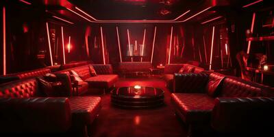 AI Generated. AI Generative. Red indoor interior night club vip luxury design decoration. Part drink bar restaurant night club night lifestyle.Graphic Art photo