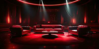 AI Generated. AI Generative. Red indoor interior night club vip luxury design decoration. Part drink bar restaurant night club night lifestyle.Graphic Art photo