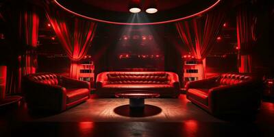 AI Generated. AI Generative. Red indoor interior night club vip luxury design decoration. Part drink bar restaurant night club night lifestyle.Graphic Art photo