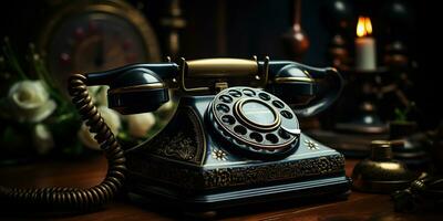 ai generado. ai generativo. clásico retro Clásico antiguo teléfono hablar teléfono en de madera mesa. gráfico Arte foto