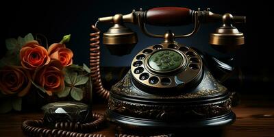 AI Generated. AI Generative. Classic retro vintage antique telephone talk phone on wooden table. Graphic Art photo