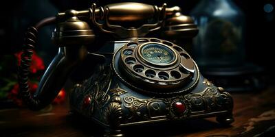 AI Generated. AI Generative. Classic retro vintage antique telephone talk phone on wooden table. Graphic Art photo