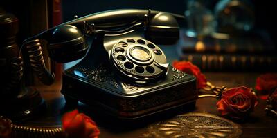 AI Generated. AI Generative. Classic retro vintage antique telephone talk phone on wooden table. Graphic Art photo