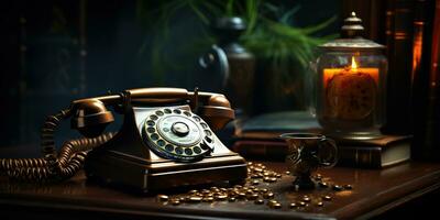 AI Generated. AI Generative. Classic retro vintage antique telephone talk phone on wooden table. Graphic Art photo