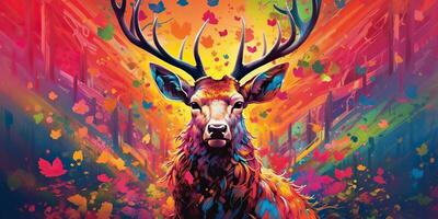 AI Generated. AI Generative. psychedelic  stag deer animal. Ink brush draw paint sketch street art vibrant colors. Wild life mammal nature style. Graphic Art photo