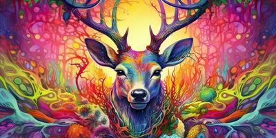 AI Generated. AI Generative. psychedelic  stag deer animal. Ink brush draw paint sketch street art vibrant colors. Wild life mammal nature style. Graphic Art photo