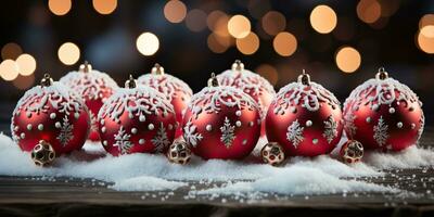 ai generado. ai generativo. alegre Navidad nuevo año Navidad fiesta invierno temporada con al aire libre árbol nieve y rojo pelota regalos. gráfico Arte foto