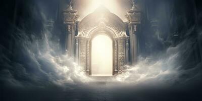 AI Generated. AI Generative. Baroque heaven inner space gate. Religion architecture temple entrance god sun meet fantasy gothic vibe. Graphic Art photo