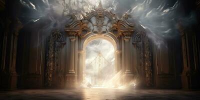 AI Generated. AI Generative. Baroque heaven inner space gate. Religion architecture temple entrance god sun meet fantasy gothic vibe. Graphic Art photo