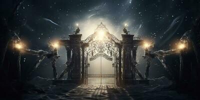 AI Generated. AI Generative. Baroque heaven inner space gate. Religion architecture temple entrance god sun meet fantasy gothic vibe. Graphic Art photo