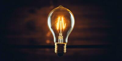 AI Generated. AI Generative. Electricity light lamp bulb on dark black background. INterior glowing decoration mockup. Graphic Art photo