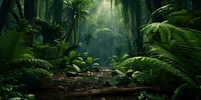 AI Generated. AI Generative. Wild tropical jungle forest park tree landscape. Adventure travel risky explore trip background landscape. Graphic Art photo