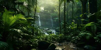 AI Generated. AI Generative. Wild tropical jungle forest park tree landscape. Adventure travel risky explore trip background landscape. Graphic Art photo