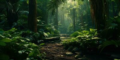 AI Generated. AI Generative. Wild tropical jungle forest park tree landscape. Adventure travel risky explore trip background landscape. Graphic Art photo
