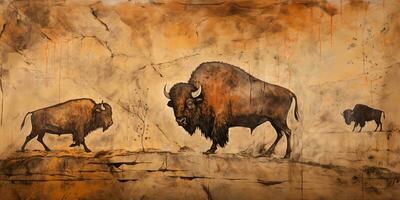 ai generado. ai generativo. primitivo histórico Roca cueva pared dibujo Arte de enorme grande bi bisonte. gráfico ilustración foto