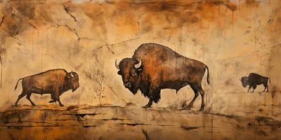 AI Generated. AI Generative. Primitive historical stone cave wall drawing art of huge big bi bison. Graphic Illustration photo
