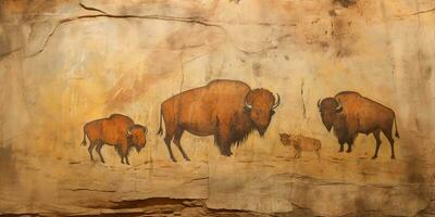 AI Generated. AI Generative. Primitive historical stone cave wall drawing art of huge big bi bison. Graphic Illustration photo