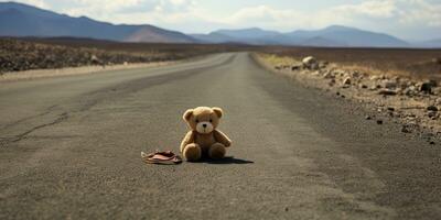 ai generado. ai generativo. solitario roto perdido oso animal juguete juego en el la carretera. triste ambiente antecedentes. gráfico Arte foto