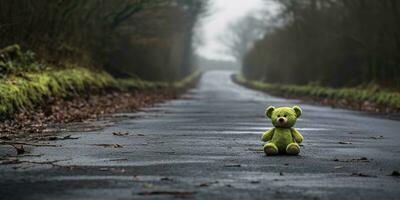 ai generado. ai generativo. solitario roto perdido oso animal juguete juego en el la carretera. triste ambiente antecedentes. gráfico Arte foto