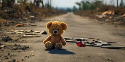 ai generado. ai generativo. solitario roto perdido oso animal juguete juego en el la carretera. triste ambiente antecedentes. gráfico Arte foto