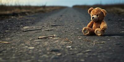 ai generado. ai generativo. solitario roto perdido oso animal juguete juego en el la carretera. triste ambiente antecedentes. gráfico Arte foto