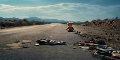 ai generado. ai generativo. solitario roto perdido oso animal juguete juego en el la carretera. triste ambiente antecedentes. gráfico Arte foto