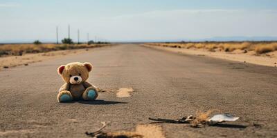 ai generado. ai generativo. solitario roto perdido oso animal juguete juego en el la carretera. triste ambiente antecedentes. gráfico Arte foto