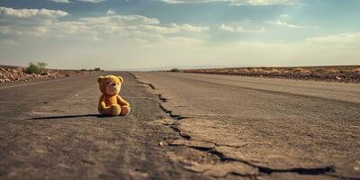 ai generado. ai generativo. solitario roto perdido oso animal juguete juego en el la carretera. triste ambiente antecedentes. gráfico Arte foto