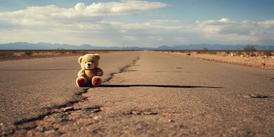 ai generado. ai generativo. solitario roto perdido oso animal juguete juego en el la carretera. triste ambiente antecedentes. gráfico Arte foto