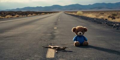 AI Generated. AI Generative. Lonely broken lost bear animal toy game on the road. Sad vibe background. Graphic Art photo