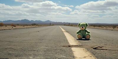 ai generado. ai generativo. solitario roto perdido oso animal juguete juego en el la carretera. triste ambiente antecedentes. gráfico Arte foto