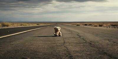 AI Generated. AI Generative. Lonely broken lost bear animal toy game on the road. Sad vibe background. Graphic Art photo