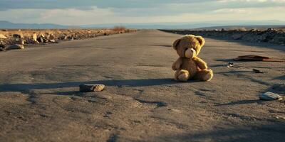 ai generado. ai generativo. solitario roto perdido oso animal juguete juego en el la carretera. triste ambiente antecedentes. gráfico Arte foto