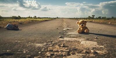 ai generado. ai generativo. solitario roto perdido oso animal juguete juego en el la carretera. triste ambiente antecedentes. gráfico Arte foto