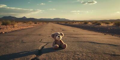 ai generado. ai generativo. solitario roto perdido oso animal juguete juego en el la carretera. triste ambiente antecedentes. gráfico Arte foto